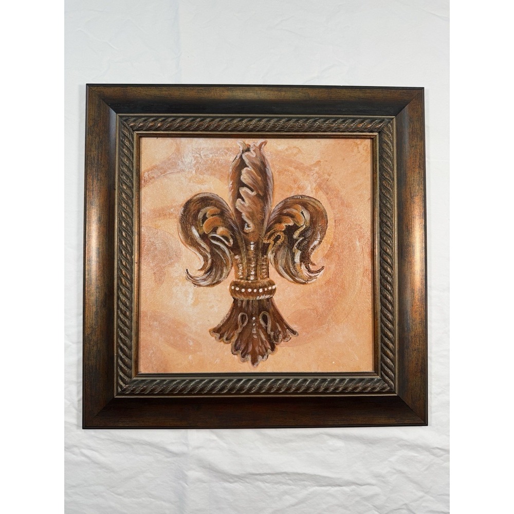 Framed Fleur De Lis Wall Art New Orleans Style Rustic Decor Brown Gold